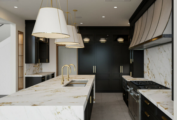 Dapur dengan kombinasi warna emas dan hitam pada aksesori